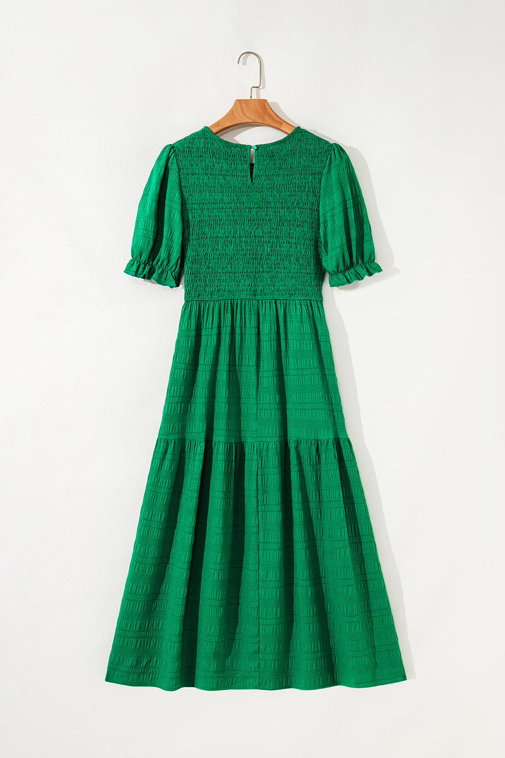 Dark Green Textured Smocked Puff Short Sleeve High Waist Long Dress
