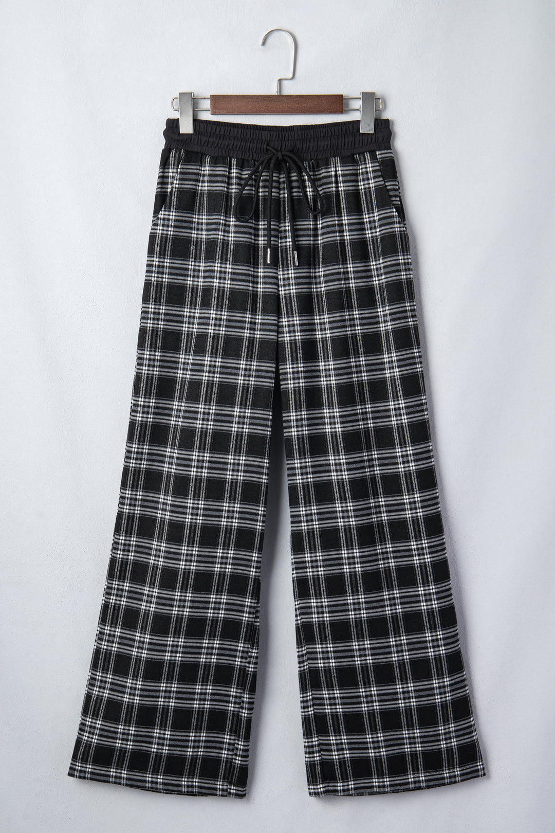 Black Frenchy Plaid Pattern Contrast Wide Leg Pants