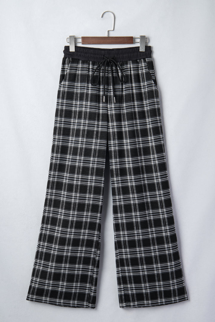 Black Frenchy Plaid Pattern Contrast Wide Leg Pants