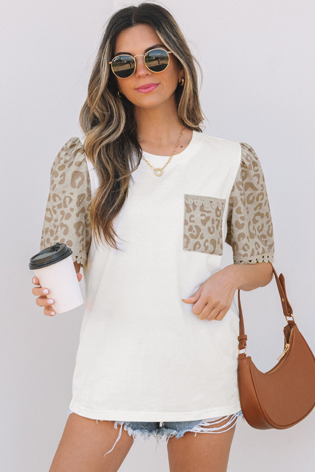 Leopard Patchwork Crochet Lace Trim Puff Sleeve T Shirt