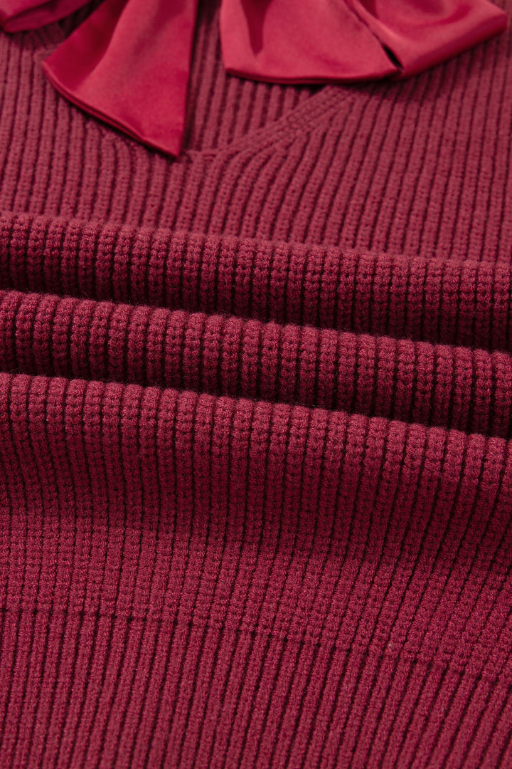 Ribbed Knit Ribbon Knot Backless Drop Shoulder Sweater