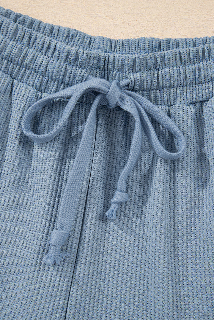 Dusk Blue Solid Color Ribbed Loose Long Sleeve Top Casual Pant Set