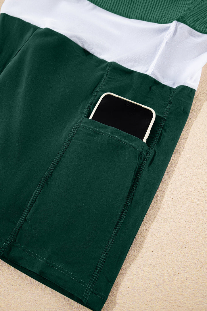 Blackish Green Color Block Edge Ribbed Pocketed Lined Swim Dress