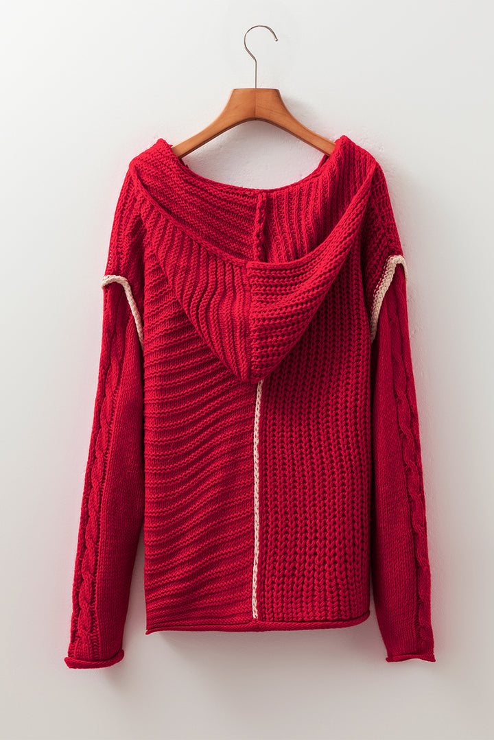Color Contrast Trim Textured Knit Drawstring Hooded Sweater