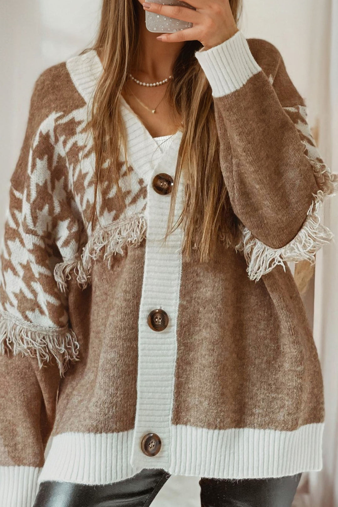 Khaki Houndstooth Color Block  Raw Edge Button Front Cardigan