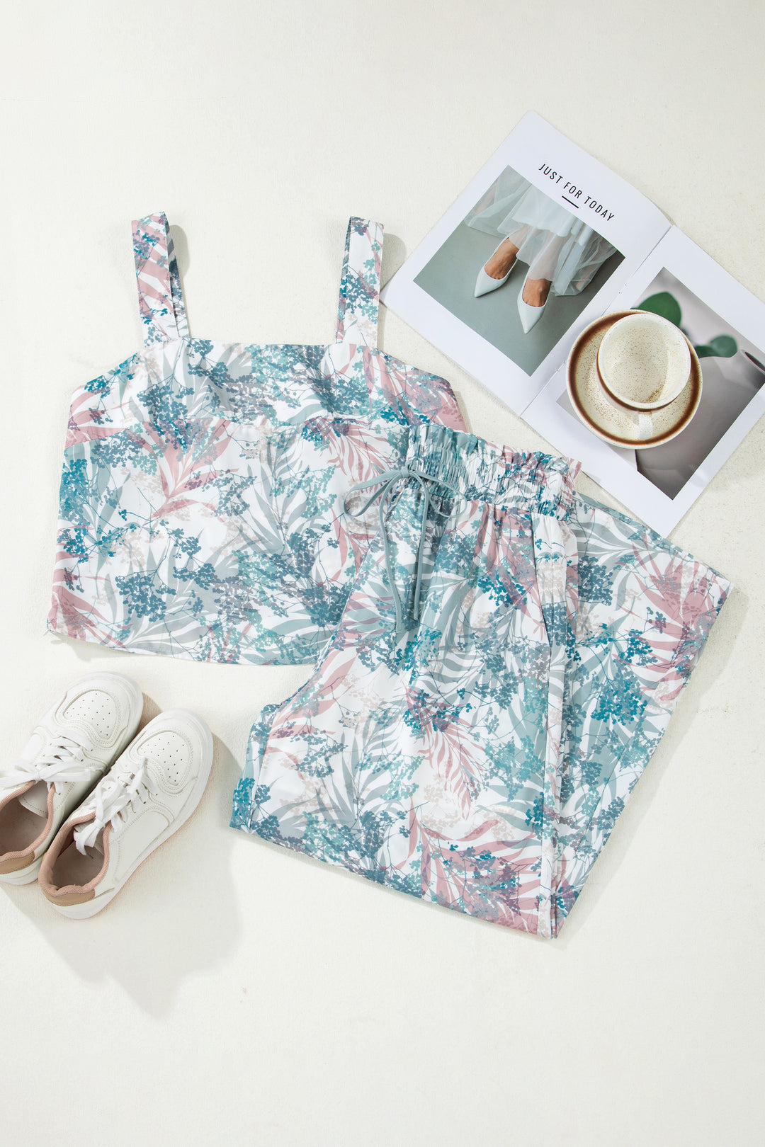 Green Tropical Palm Printed Cropped Tank Drawstring Wide Leg Pant Set