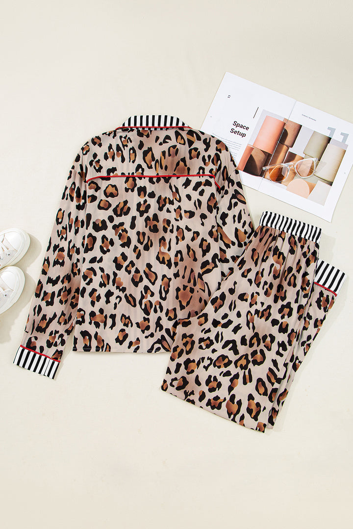 Dearlove Khaki Leopard Print Colorblock Striped Edge Shirt and Pants Pajama Set