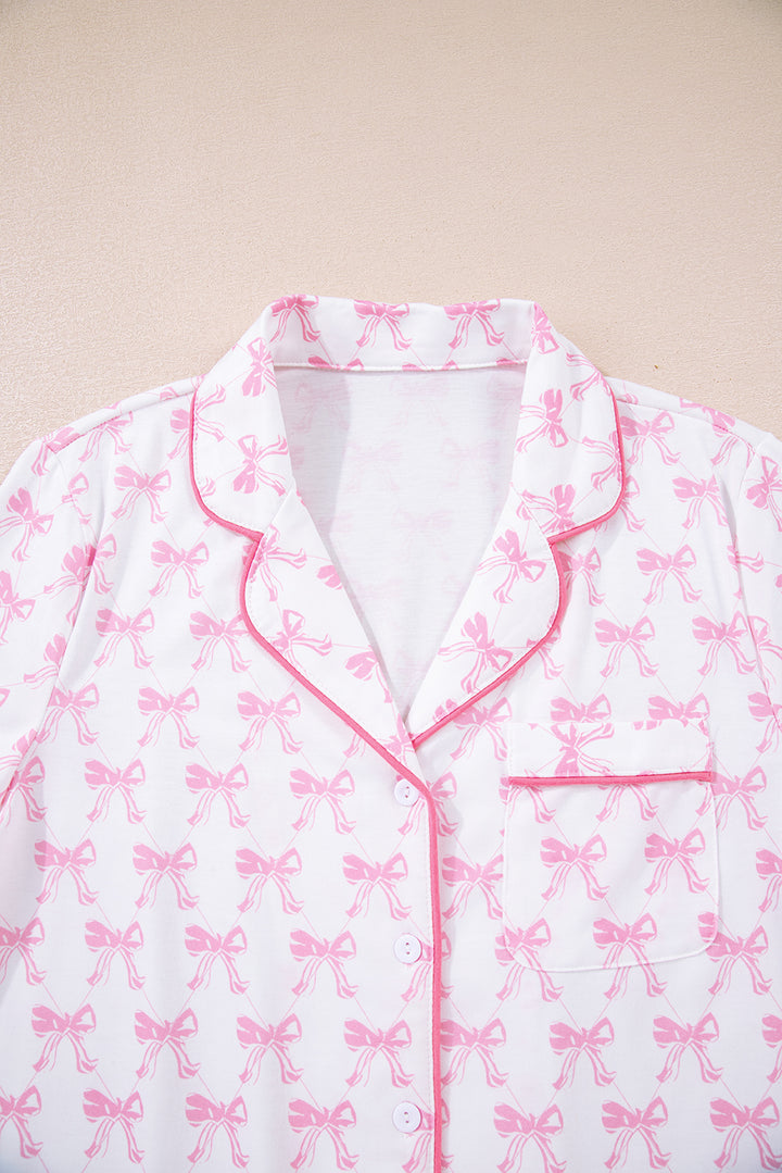 Pink Bow Print Long Sleeve Shirt and Pants Soft Pajama Set