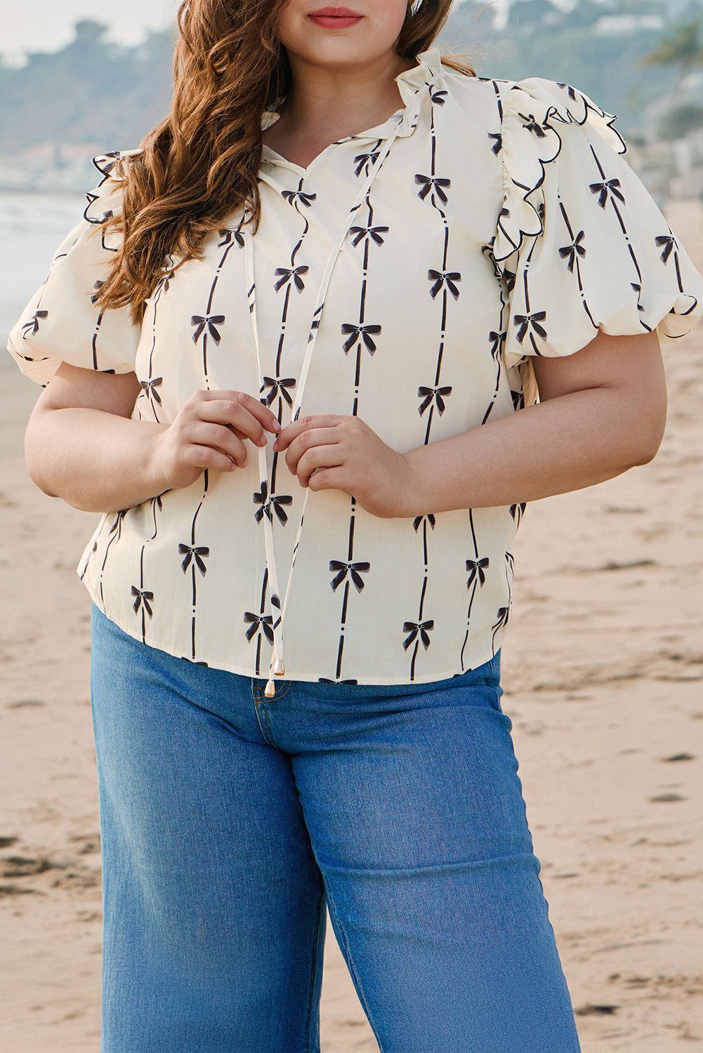 Bow Printed Ruffled Bubble Sleeve Lace-up Notched Neck Plus Size Blouse