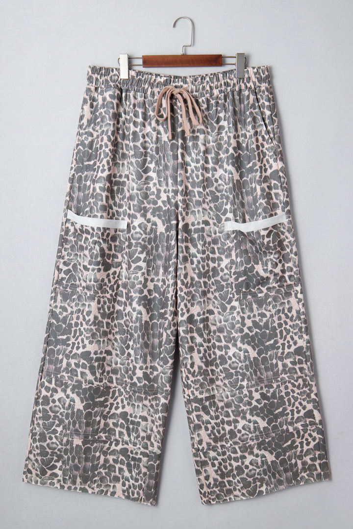 Khaki Plus Size Leopard Print Raw Edge Patch Pocket Drawstring Loose Pants