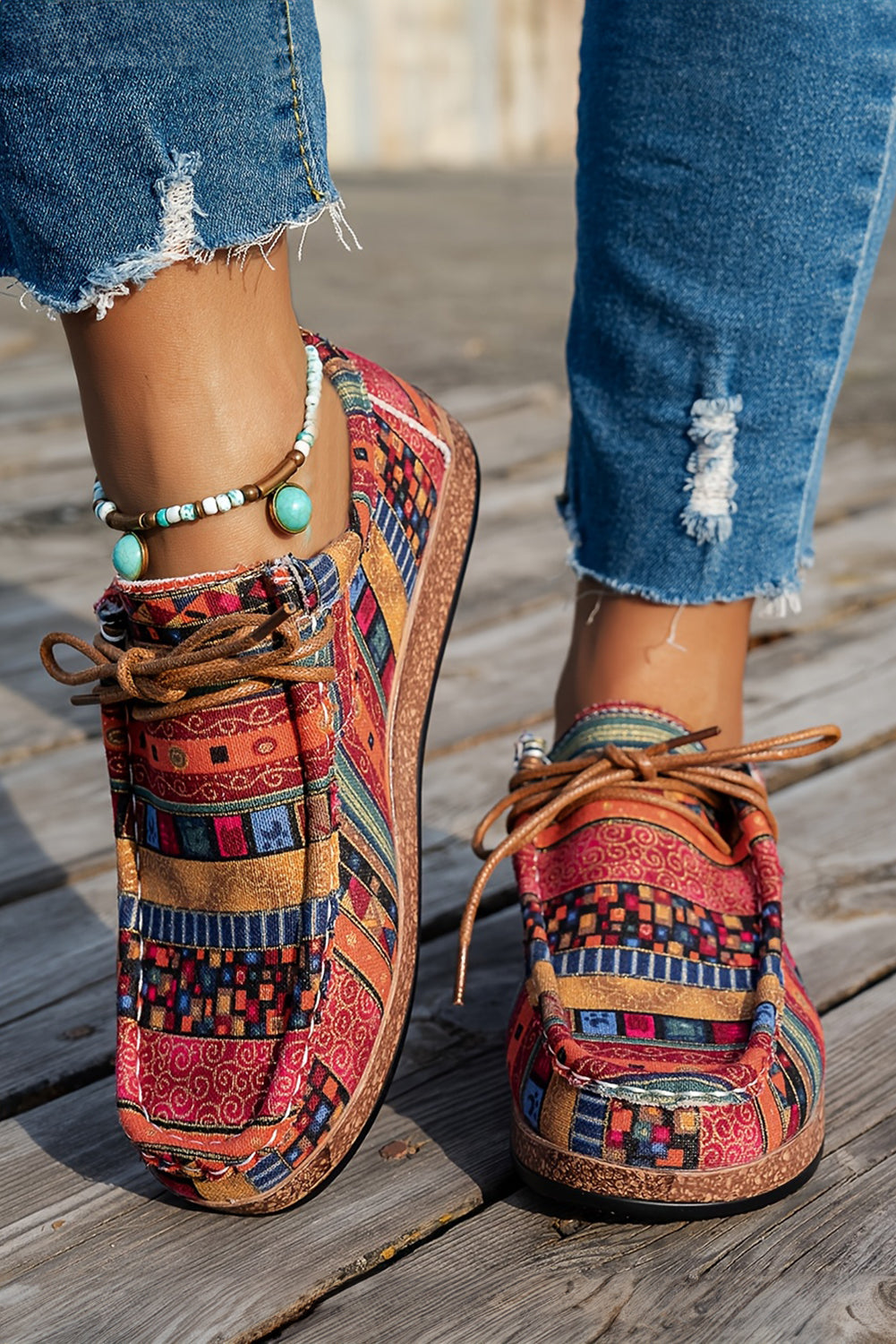 Western Print Faux Suede Lace-up Decor Slip On Shoes