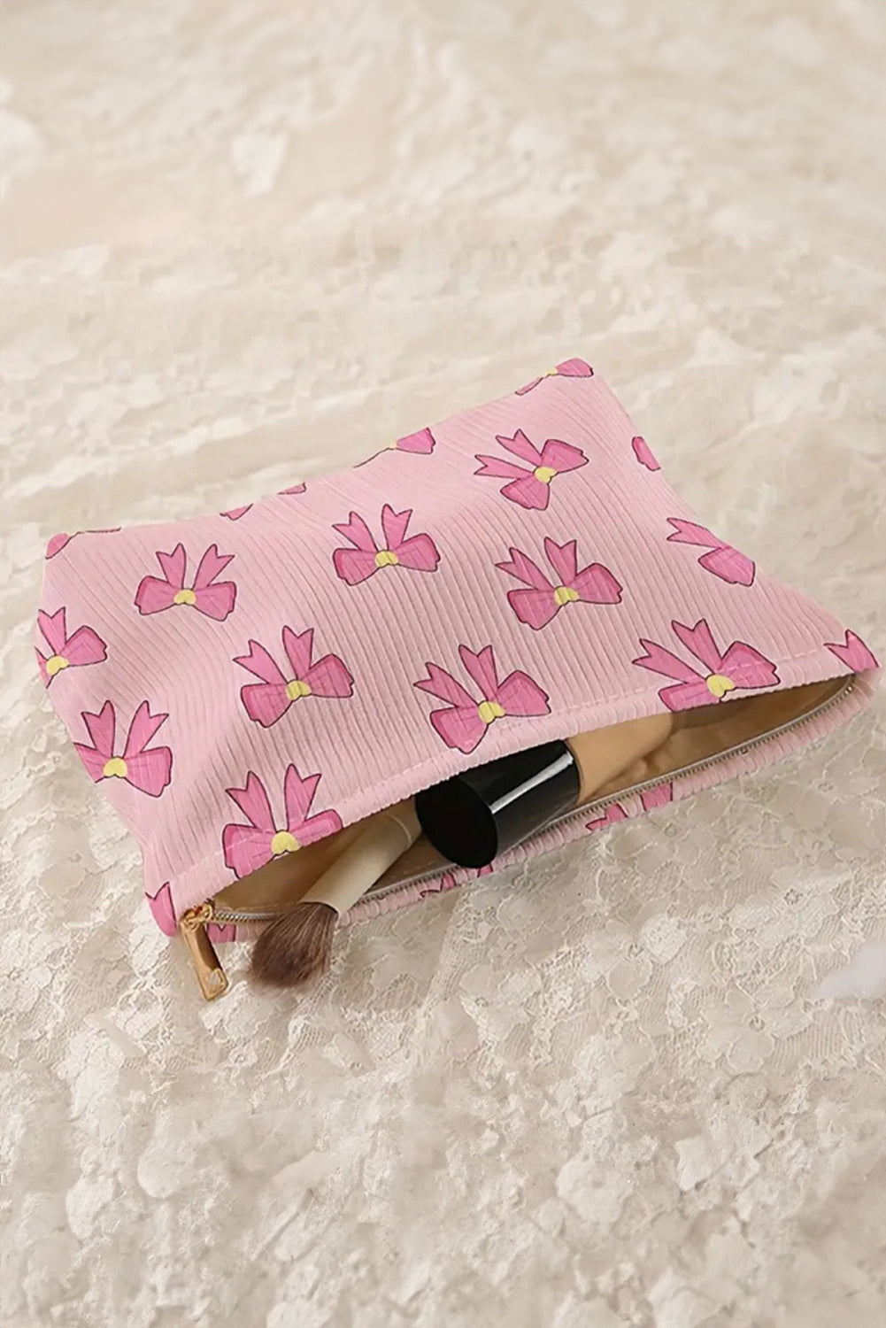 Bow Tie Print Corduroy Makeup Bag