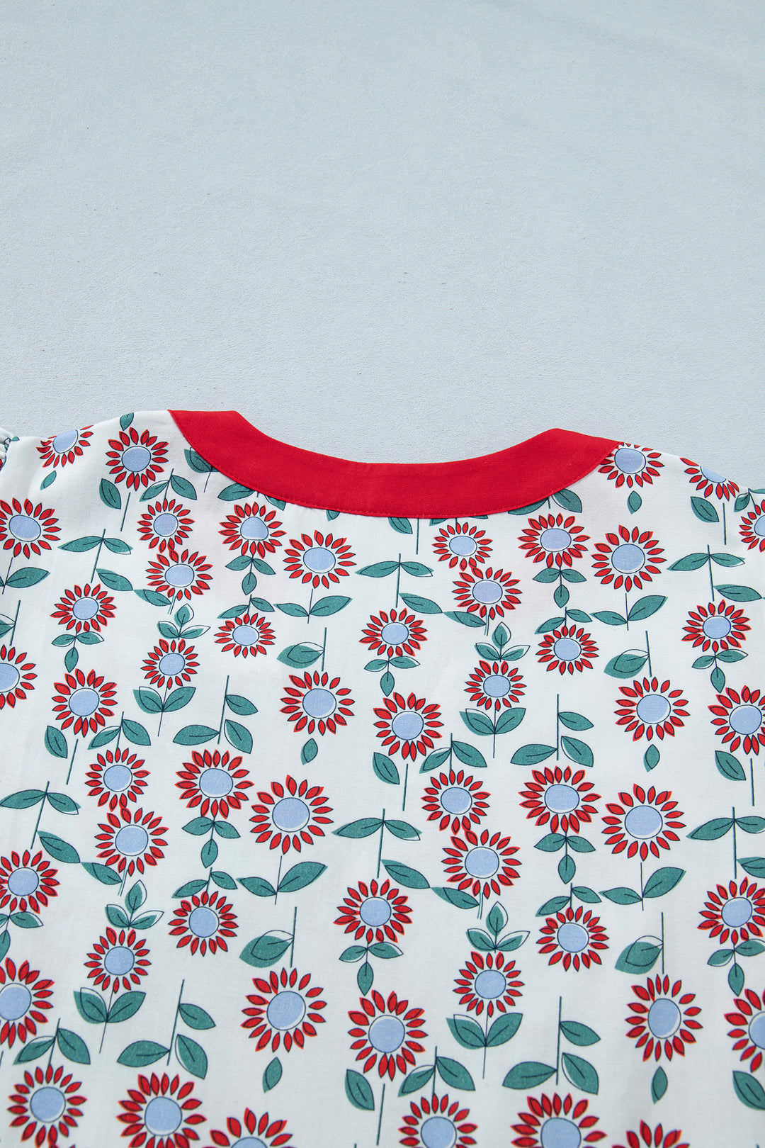 Red Sunflower Printed Contrast Trim V Neck Flutter Sleeve Blouse