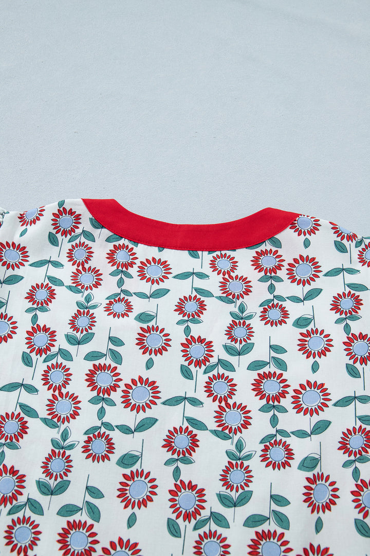 Red Sunflower Printed Contrast Trim V Neck Flutter Sleeve Blouse
