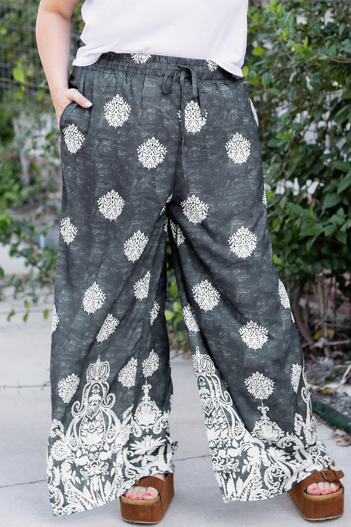 Black Plus Size Geometric Ethnic Print Wide Leg Pants