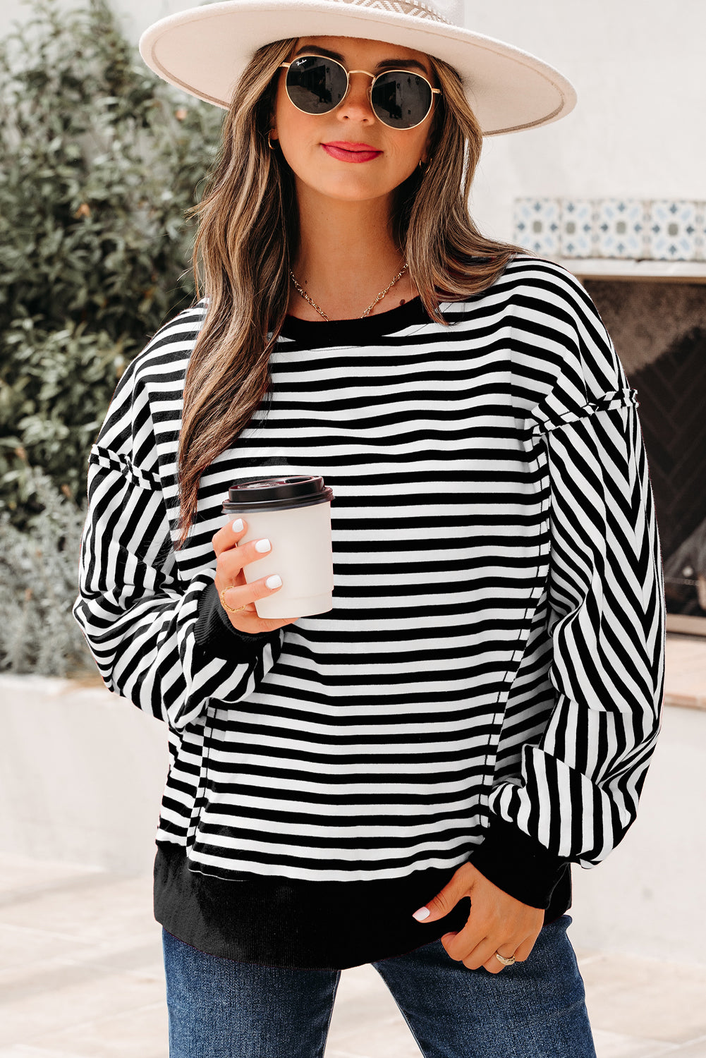 Exposed Seam Drop Shoulder Casual Pullover Top