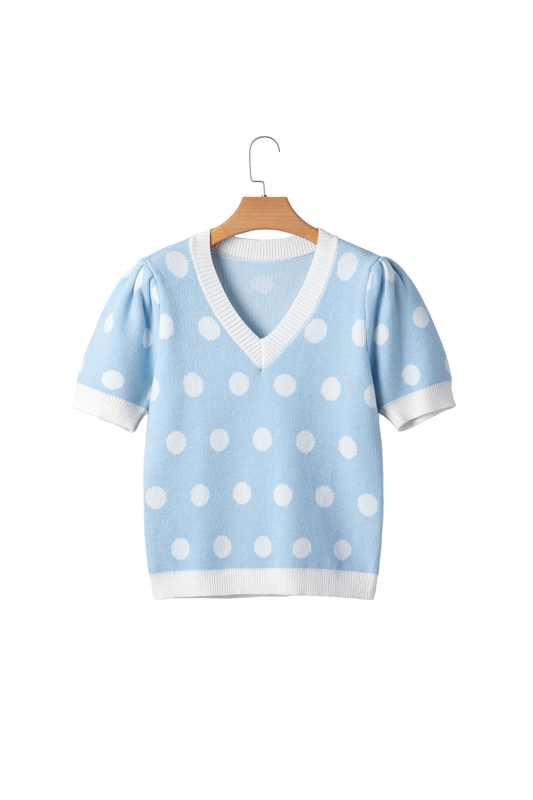 Light Blue Polka Dot Puff Short Sleeve Sweater Top