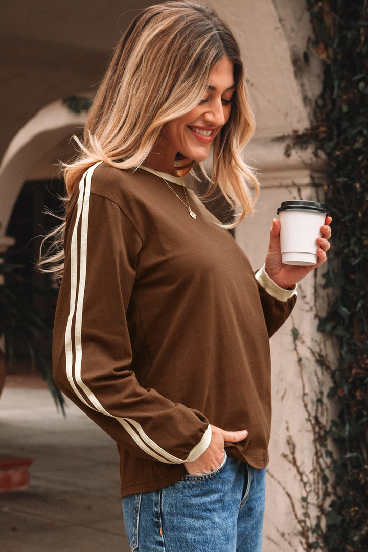 Varsity Striped Accent Contrast Crew Neck Long Sleeve T Shirt