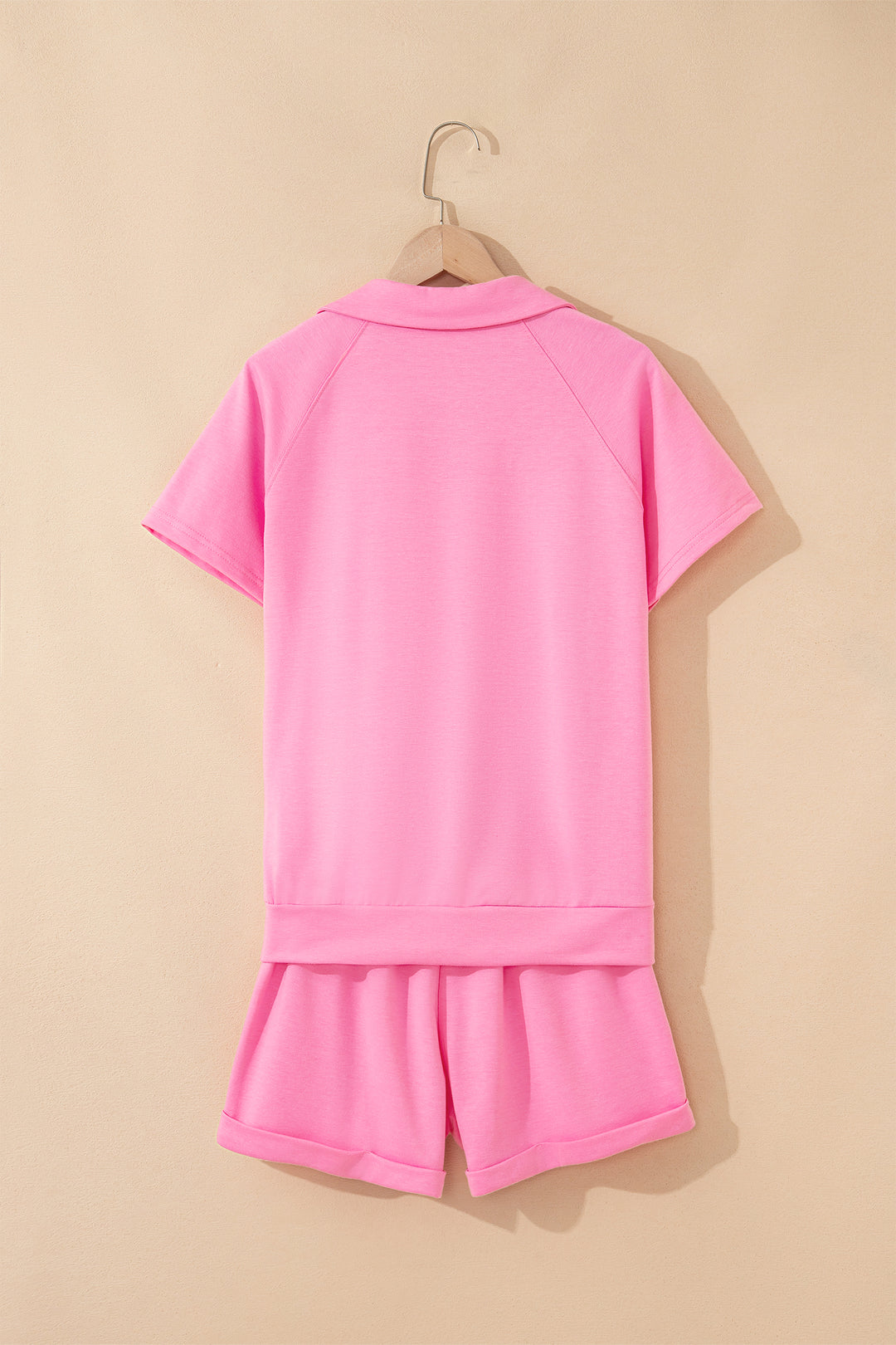 Bonbon Collared V Neck Tee Drawstring Elastic Waist Shorts 2pcs Outfit