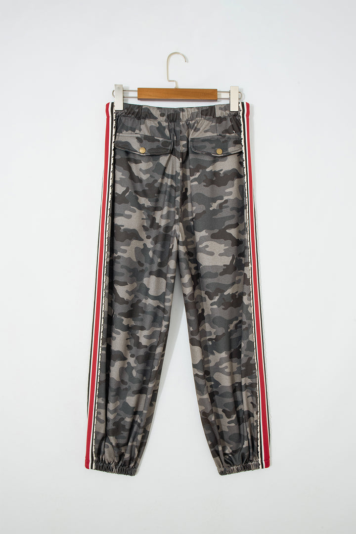 Green Camouflage Print Striped Side Panel Patchwork Drawstring Pants