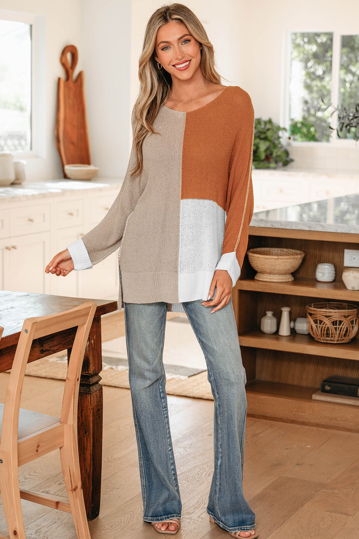 Color Block Knit V Neck Loose Sweater