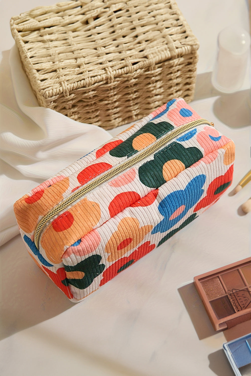 Flower Print Zipper Square Corduroy Cosmetic Bag