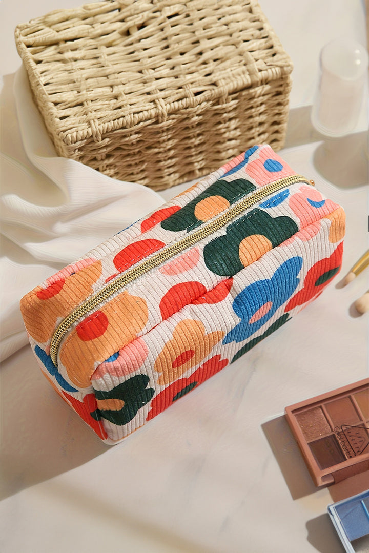Flower Print Zipper Square Corduroy Cosmetic Bag