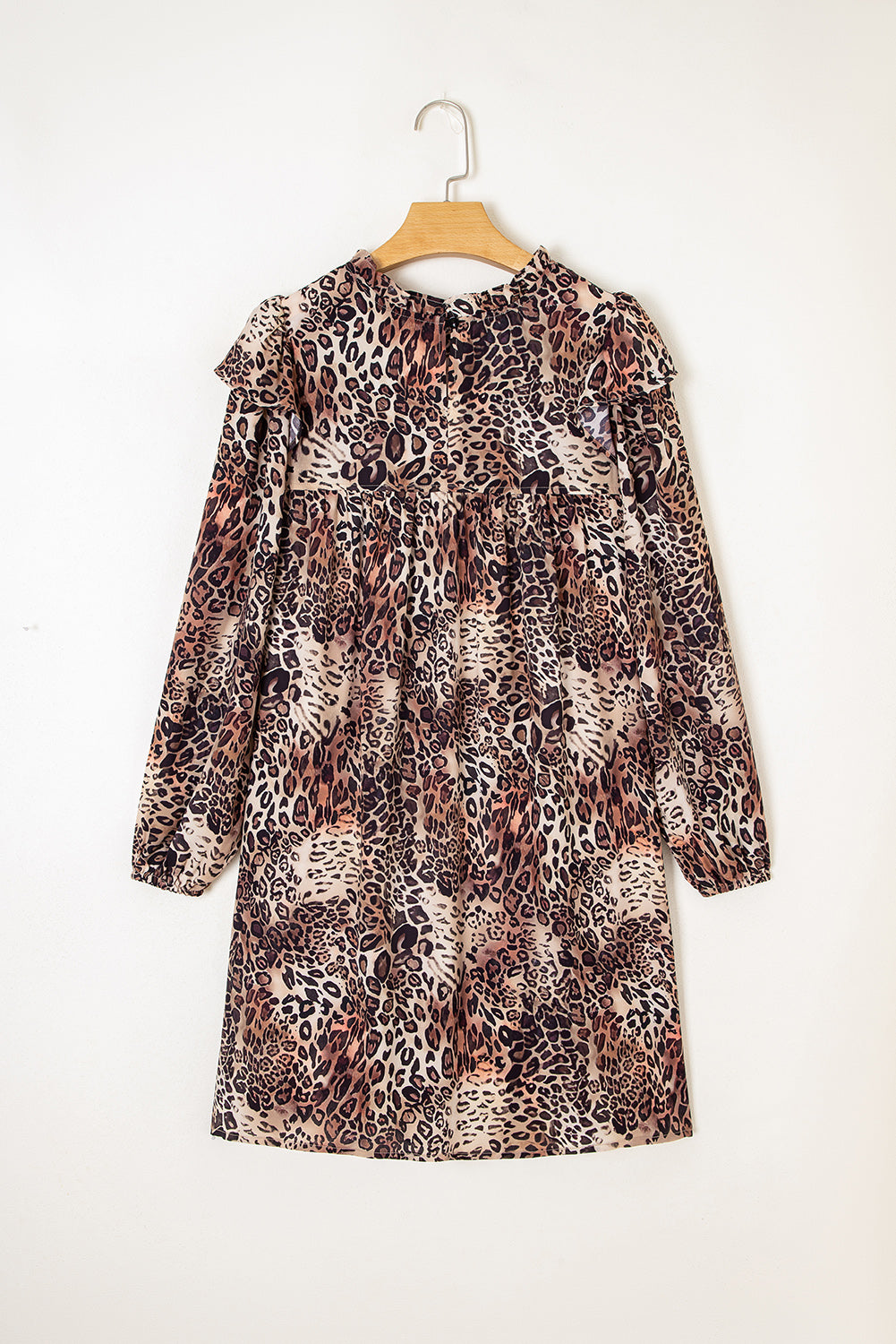 Leopard Ruffled Detail Long Sleeve Loose Mini Dress