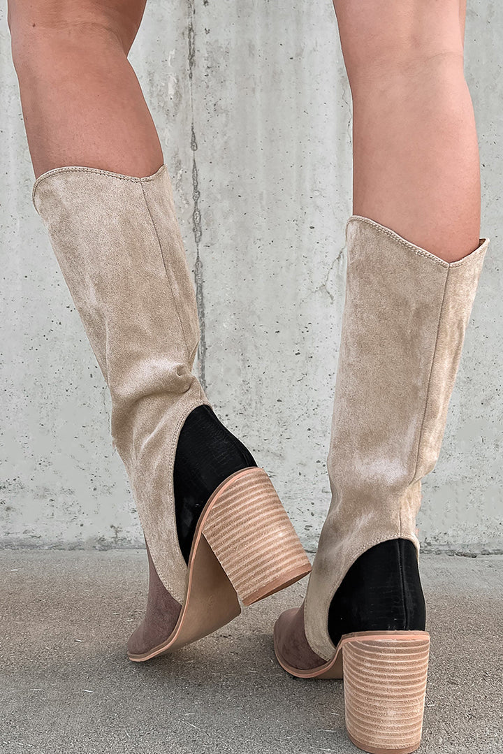 Suede Calf Length Chunky Heel Boots