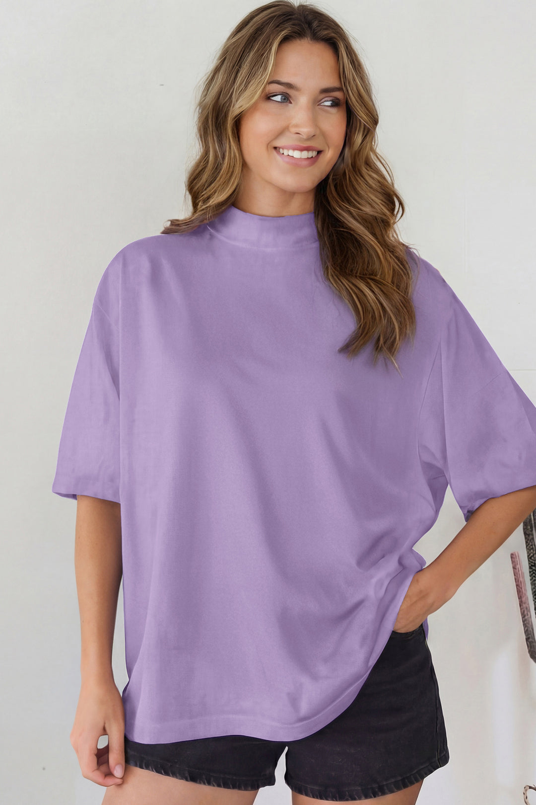 Wisteria Solid Color High Neck Oversize Tee