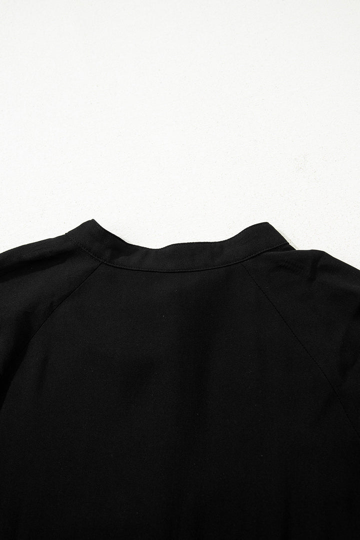 Black Hidden Buttons Short Sleeve Ruffle Tiered Long Flared Dress