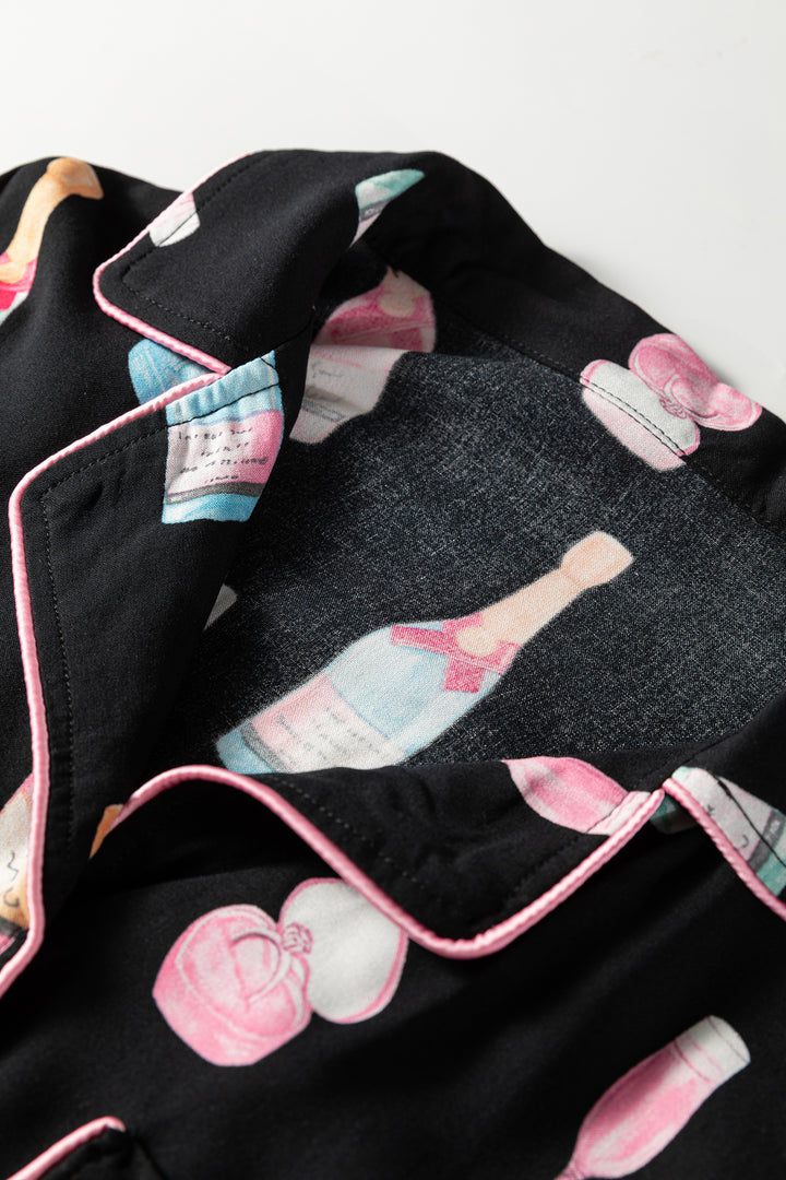 Color black Christmas Wine Glass Print Bow Knot Two Piece Pajama Set