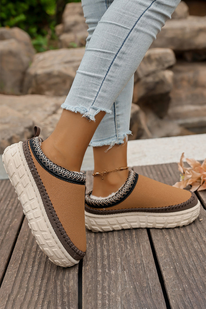 Contrast Stitch Detail Faux Suede PU Patchwork Plush Winter Clog Slippers