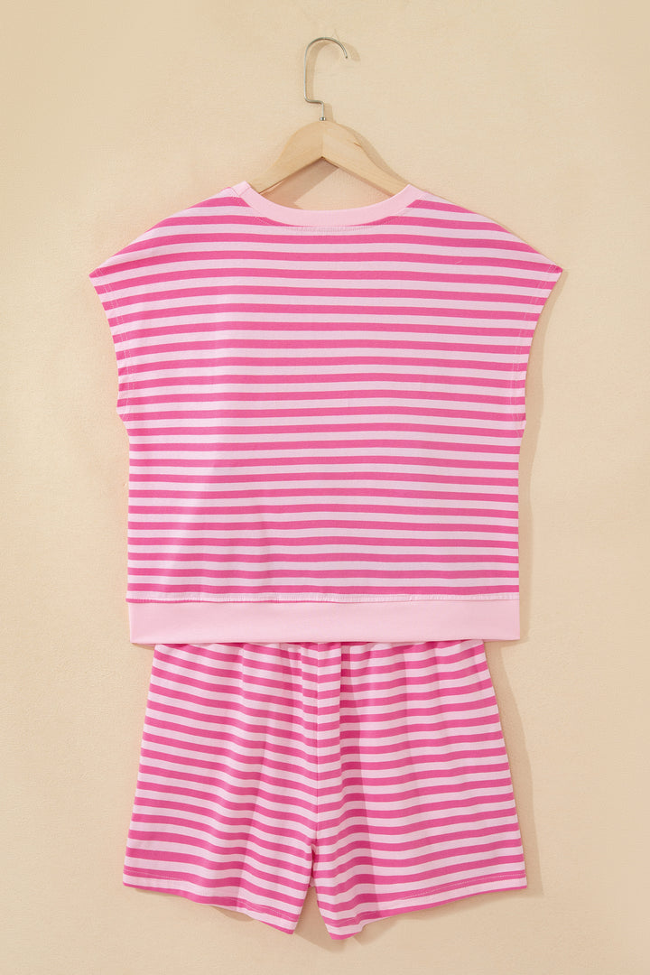 Pink Stripe Cap Sleeve Tee Elastic Waist Shorts 2pcs Outfit