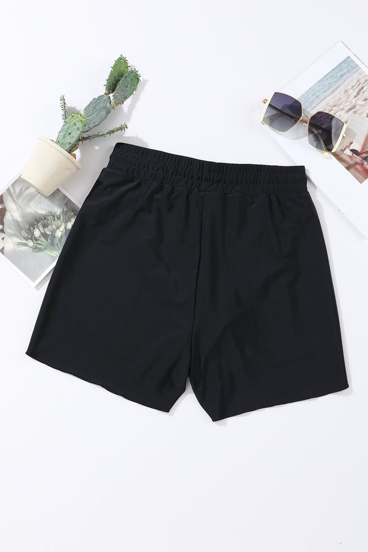 Black Solid Color 2-in-1 Drawstring Elastic Waist Swim Shorts