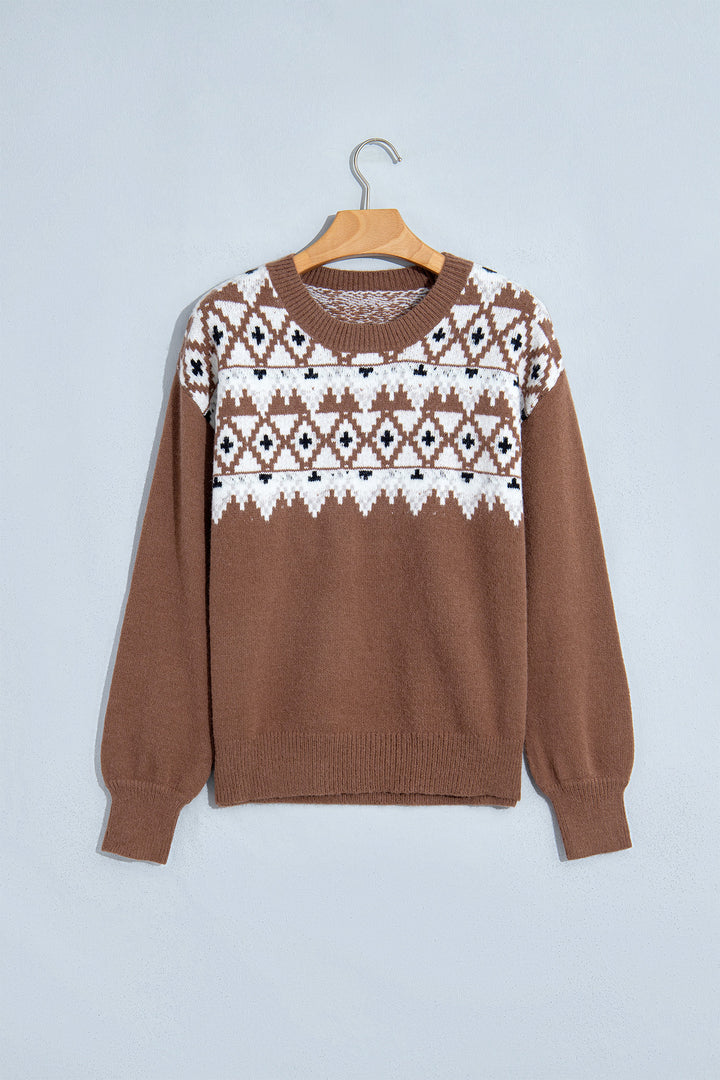 Khaki Geometric Print Casual Pullover Sweater