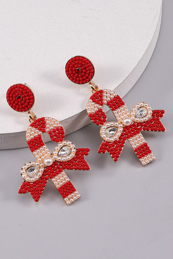 Christmas Candy Cane Pearl Beaded Dangle Earrings