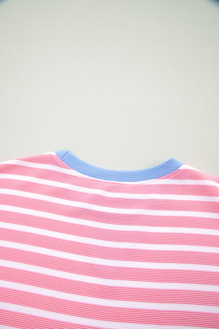 Pink Stripe Contrast Trim Loose Short Sleeve Top