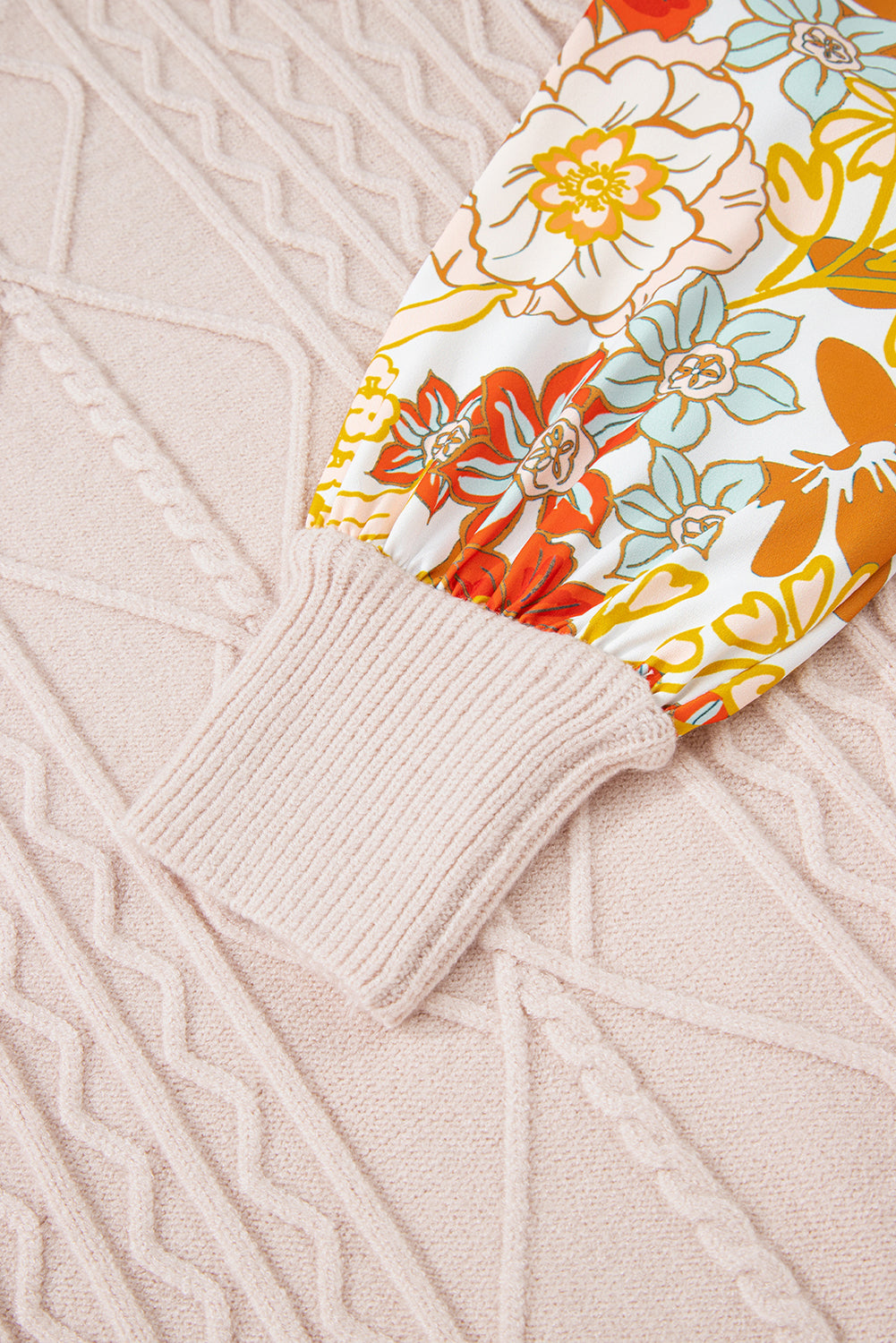 Cable Knit Ruffle Detail Contrast Floral Sleeve Patchwork Sweater