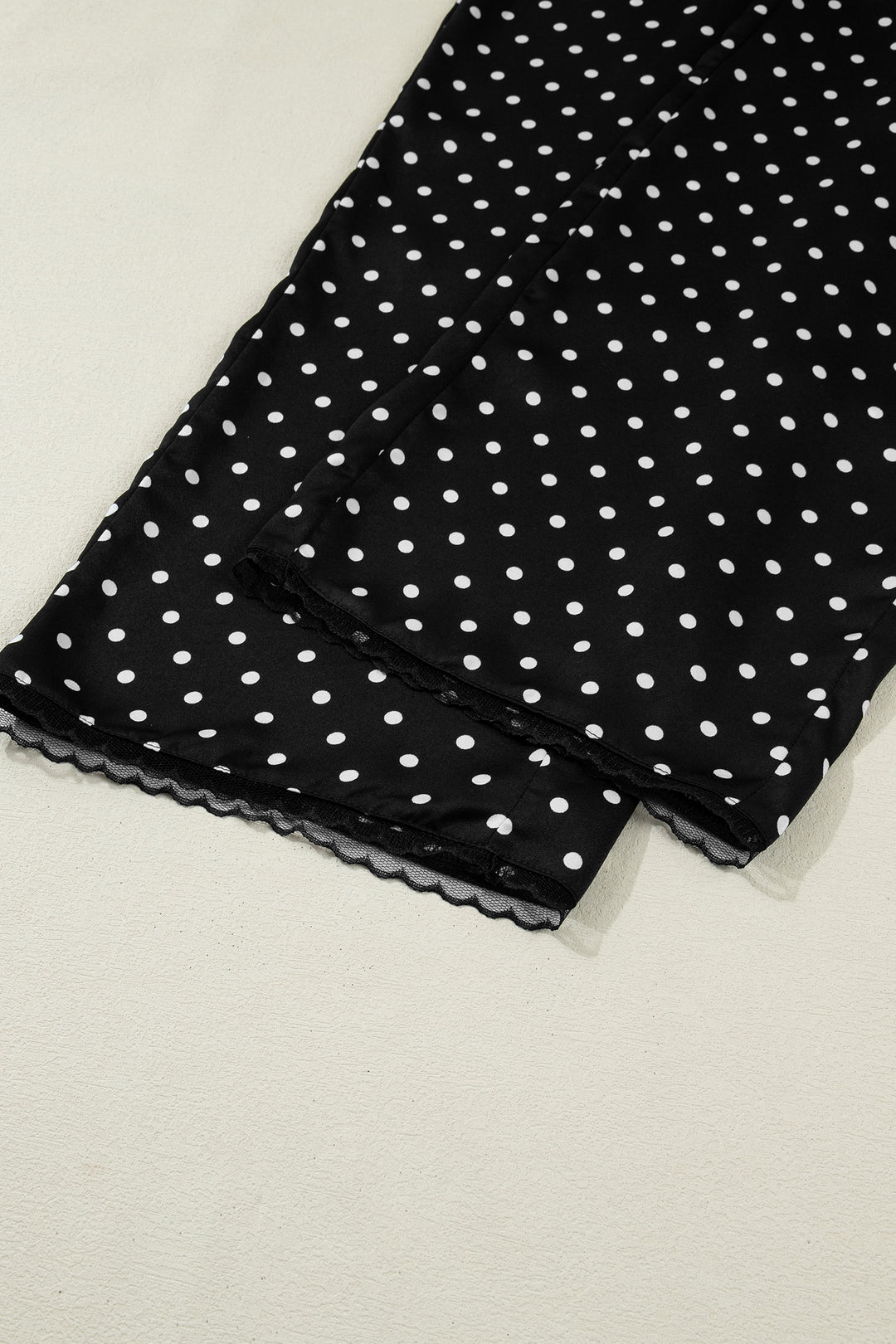 Black Polka Dot Print Elastic Waist Lace Hem Loose Pants
