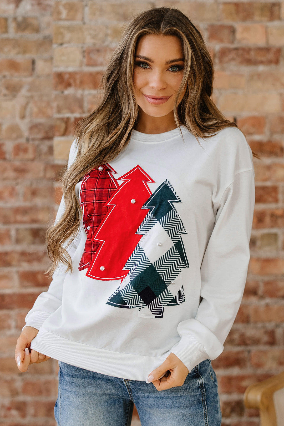 Pearl Plaid Christmas Tree Patched Drop Shoulder Sweatshirt