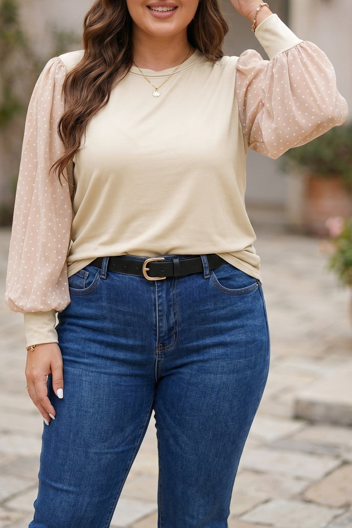 Parchment Polka Dot Long Sleeve Plus Size Blouse