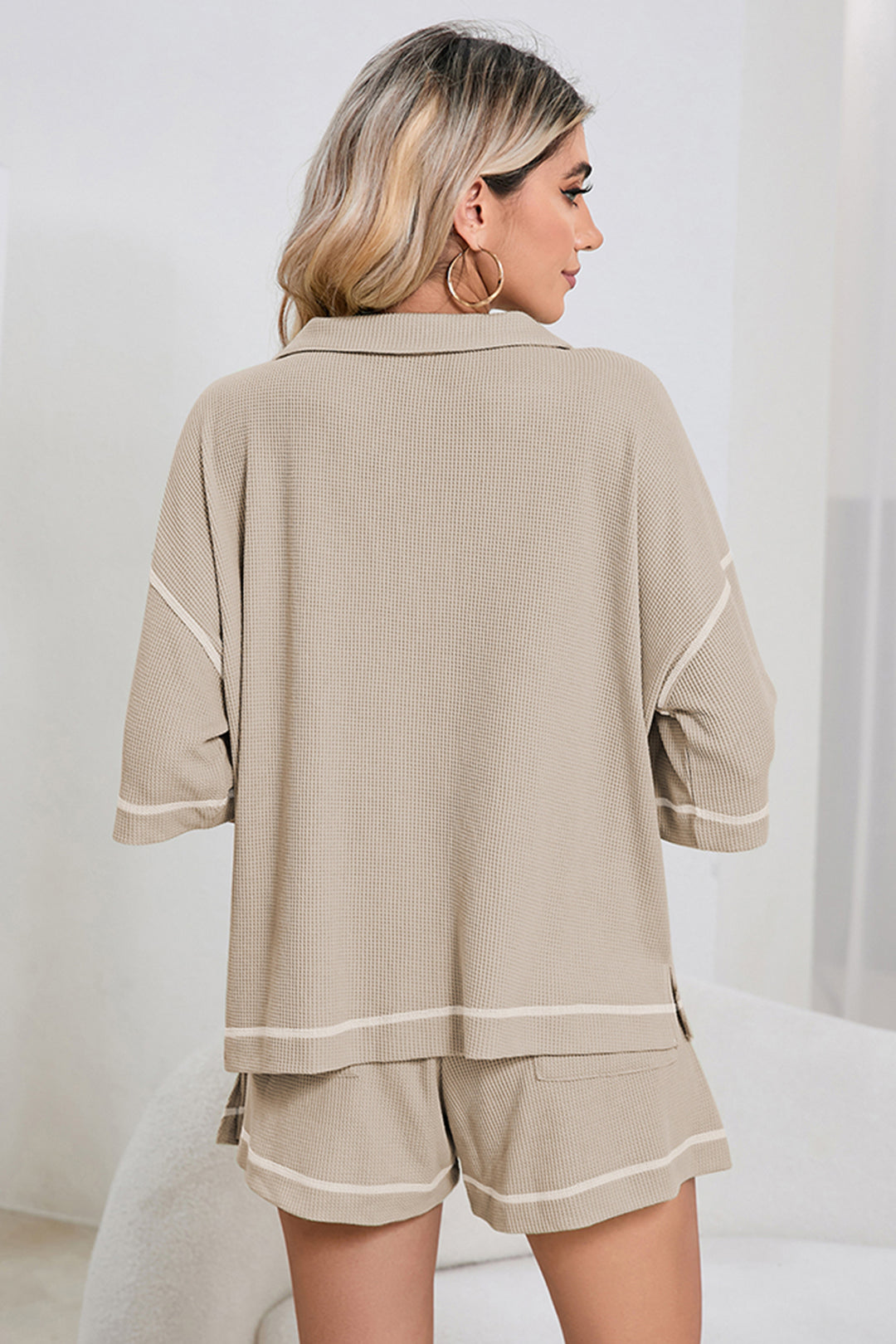 Light Beige-10 Breathable Waffle Color Block Trim 2pcs Casual Short Set