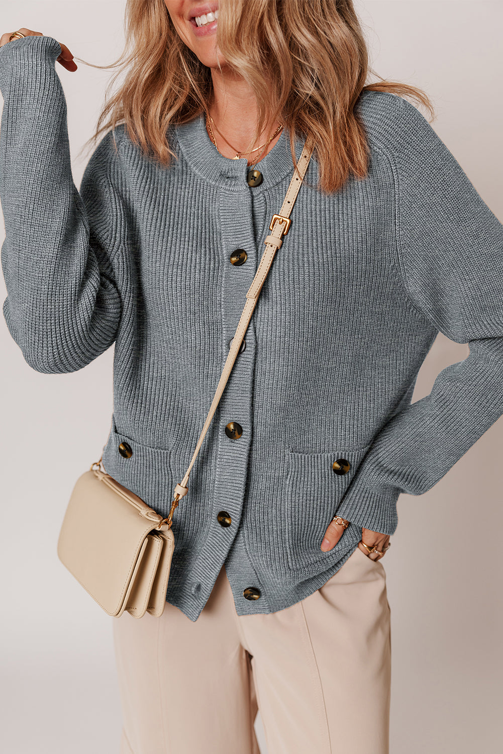 Chunky Buttoned Front Round Neck Cardigan Sweater