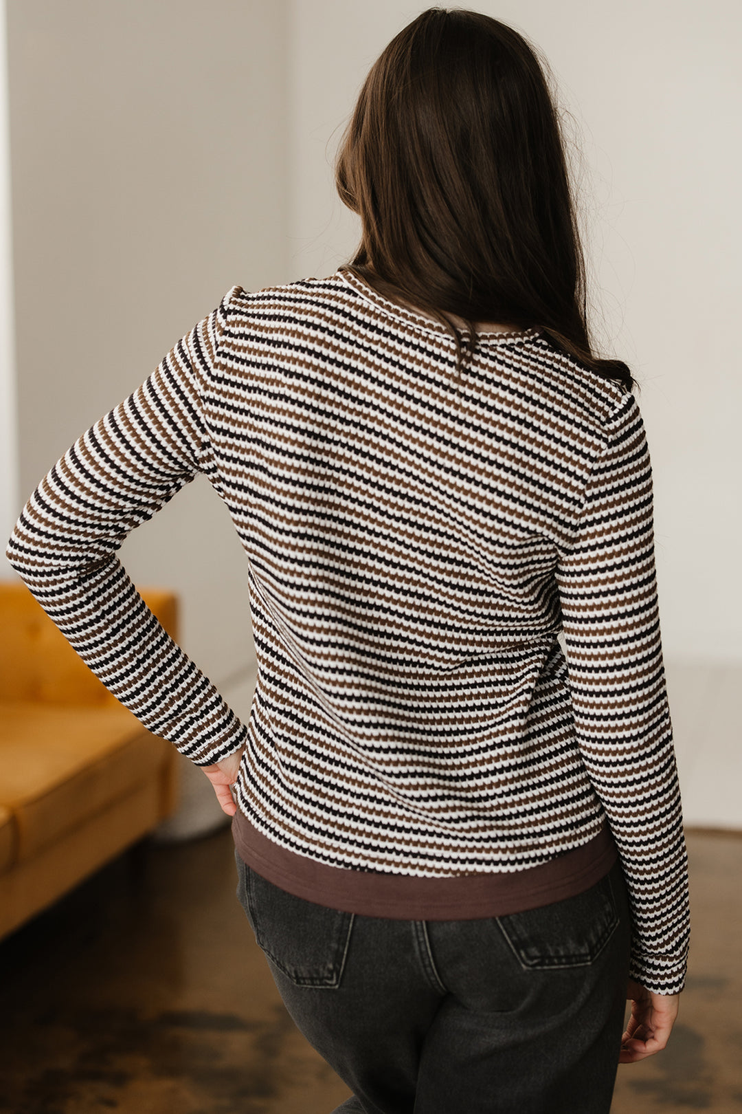 Faux Two Piece Textured Striped Round Neck Long Sleeve T Shirt