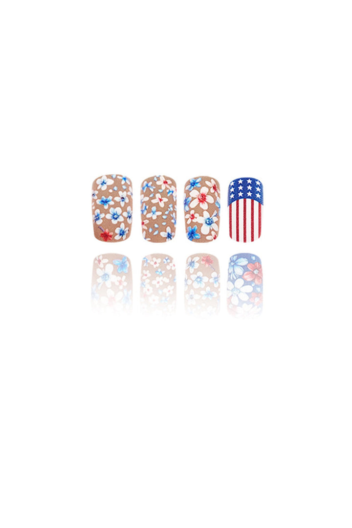 American Flag Flower Print Square False Nails