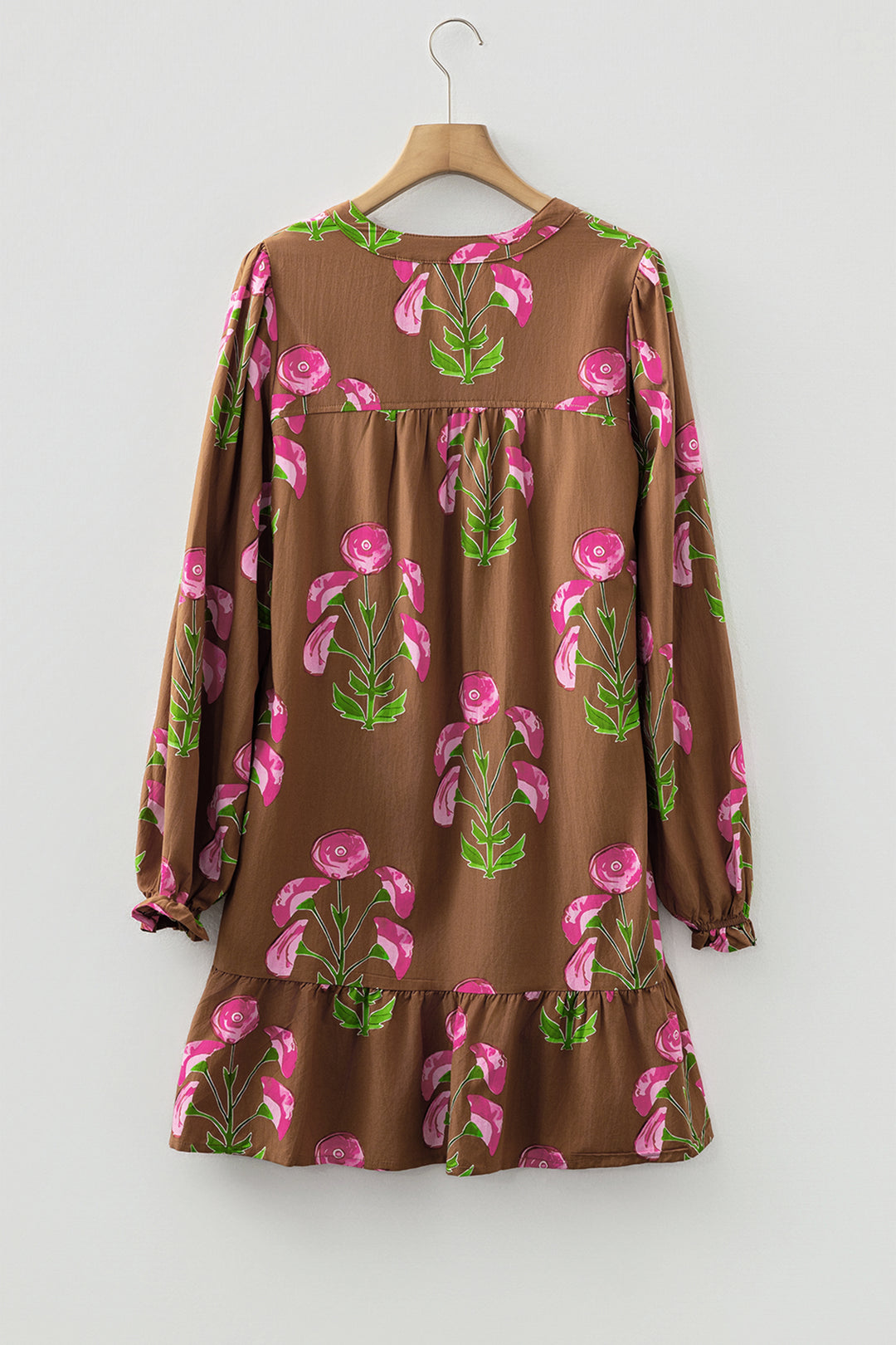 Contrast Floral Print Babydoll Tunic Ruffled Hem Puff Sleeve Dress
