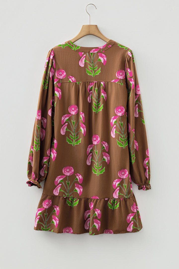Contrast Floral Print Babydoll Tunic Ruffled Hem Puff Sleeve Dress