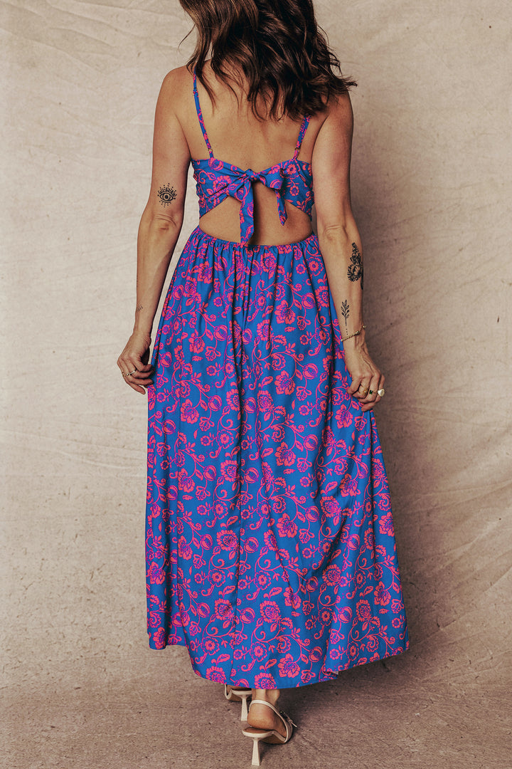 Floral Print Twisted V Neck Tied Backless Maxi Dress
