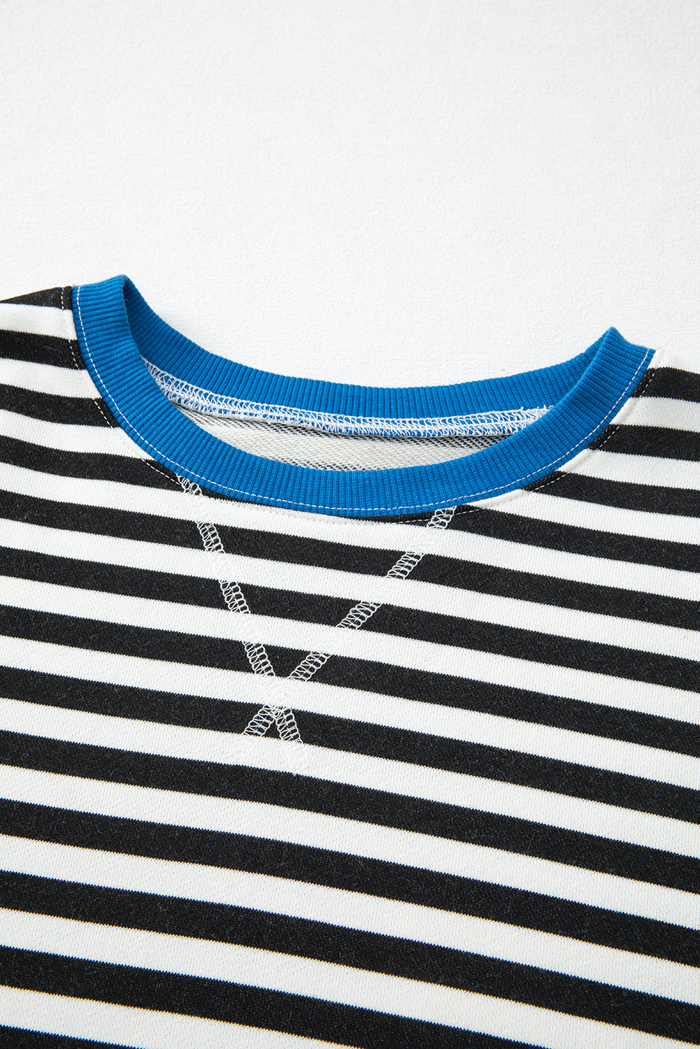 Striped Contrast Ribbed Trim Crossed Stitch Drop Shoulder Sweatshirt